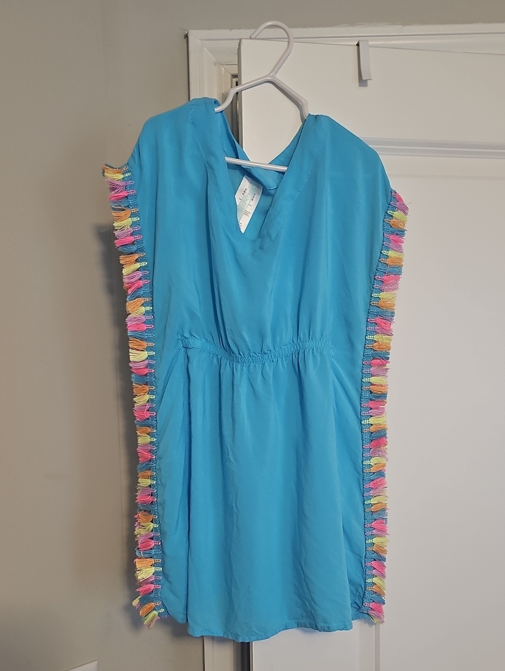 Girls Bright Turquoise Tassel Trim Dress